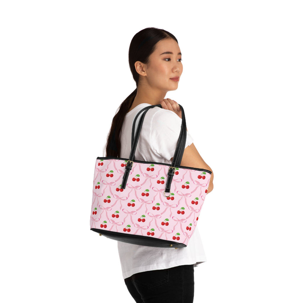 Cherry Bow Ribbon Pattern Leather Shoulder Bag Tote