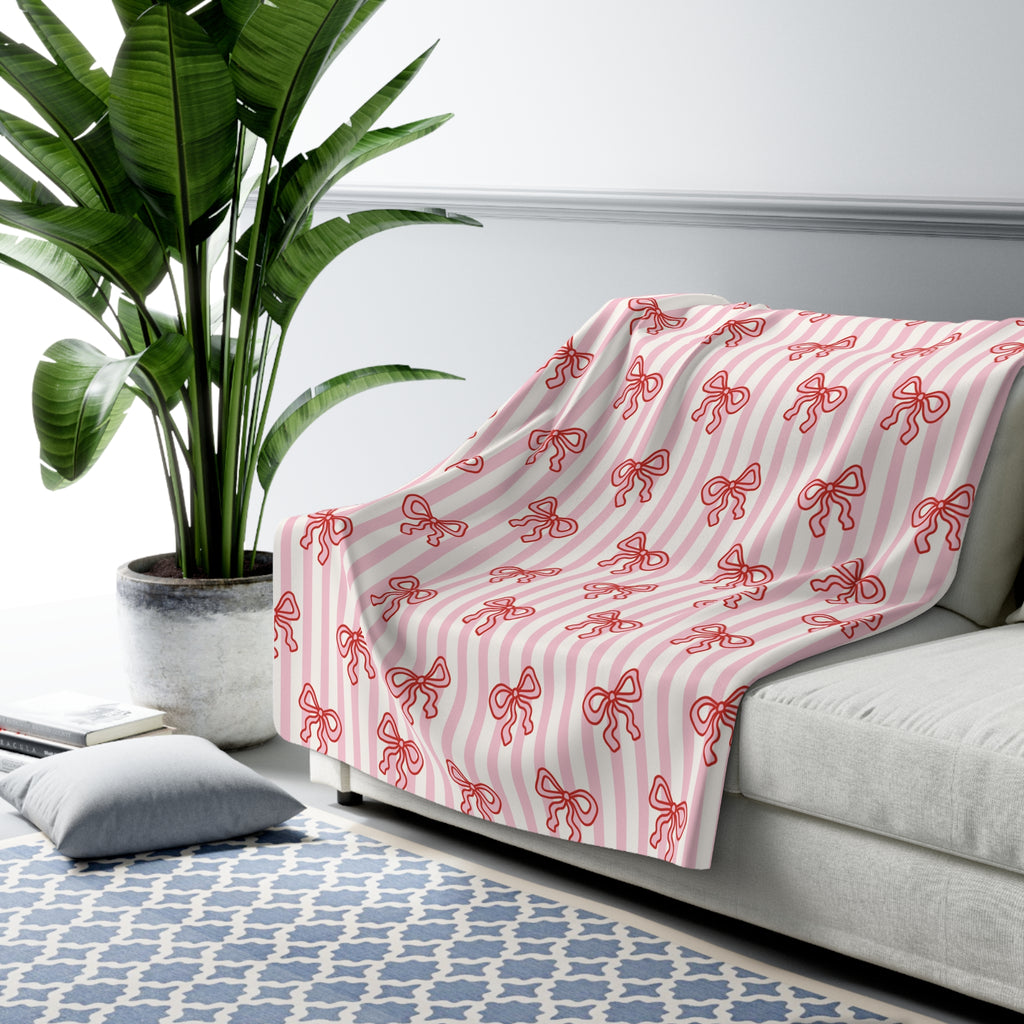 Pink Stripped Bow's Sherpa Fleece Blanket