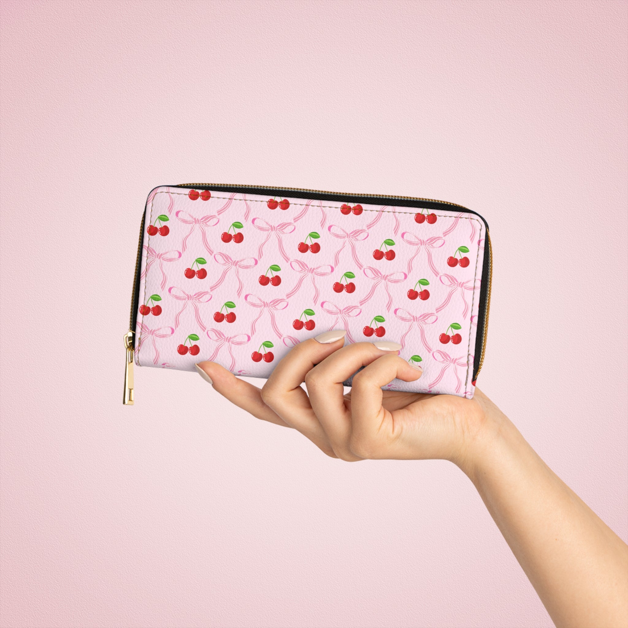 Cherry Bow Ribbon Pattern Leather Zipper Long Wallet