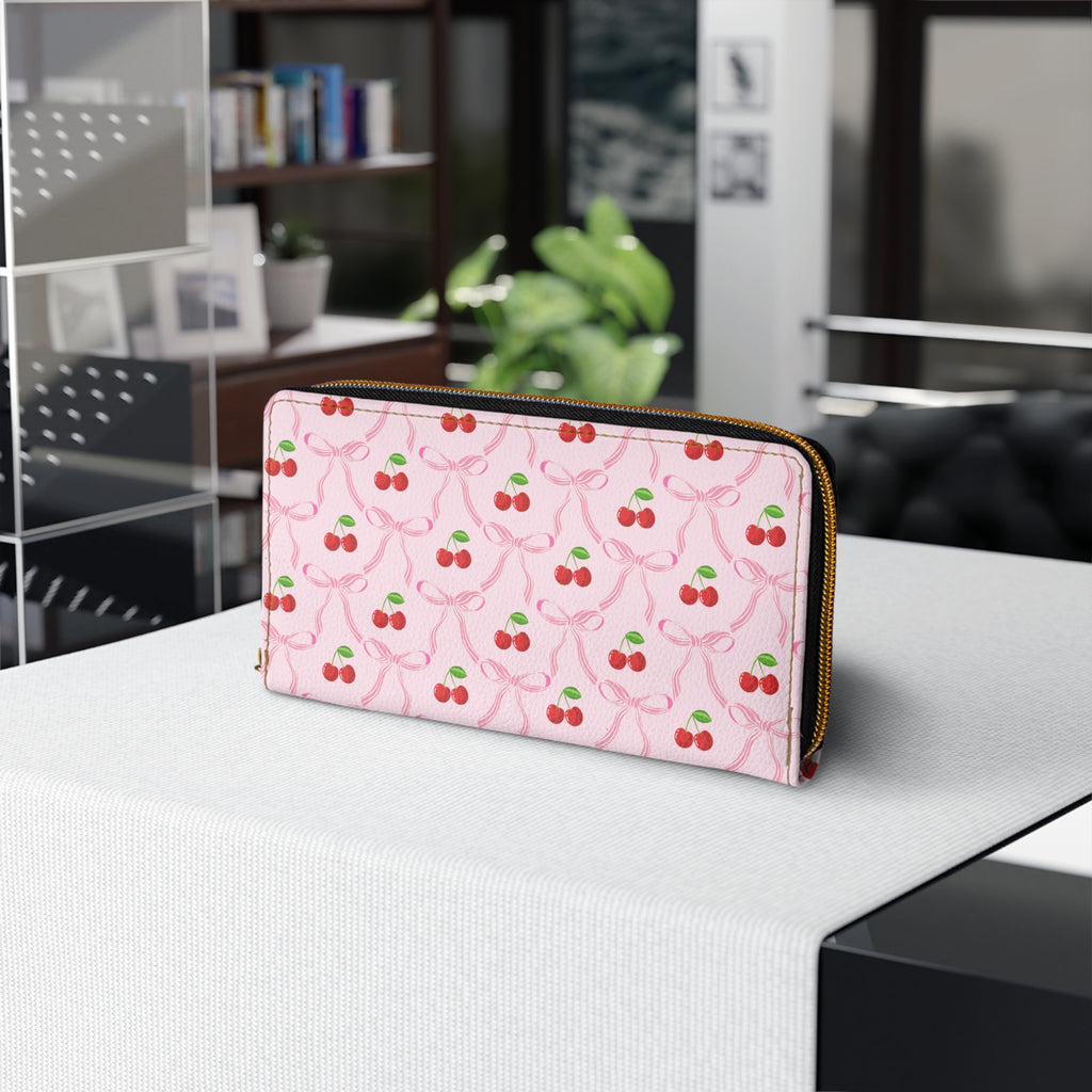 Cherry Bow Ribbon Pattern Leather Zipper Long Wallet