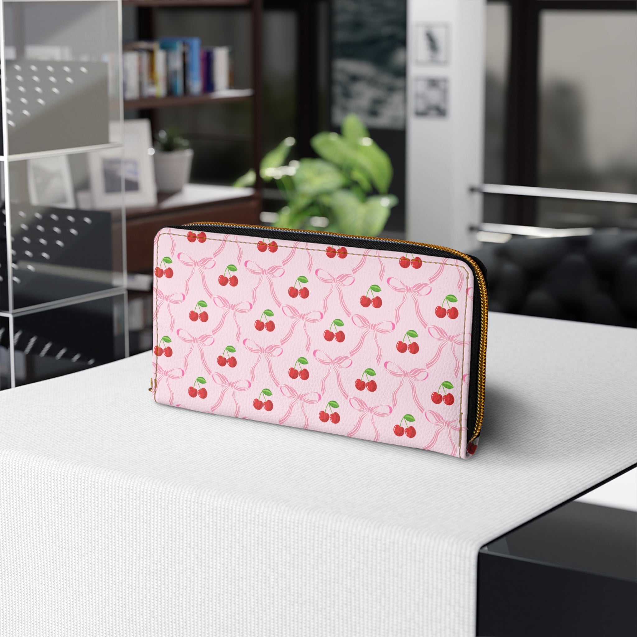 Cherry Bow Ribbon Pattern Leather Zipper Long Wallet