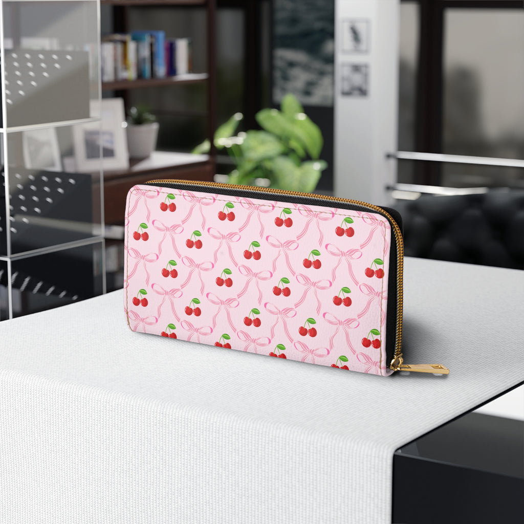 Cherry Bow Ribbon Pattern Leather Zipper Long Wallet