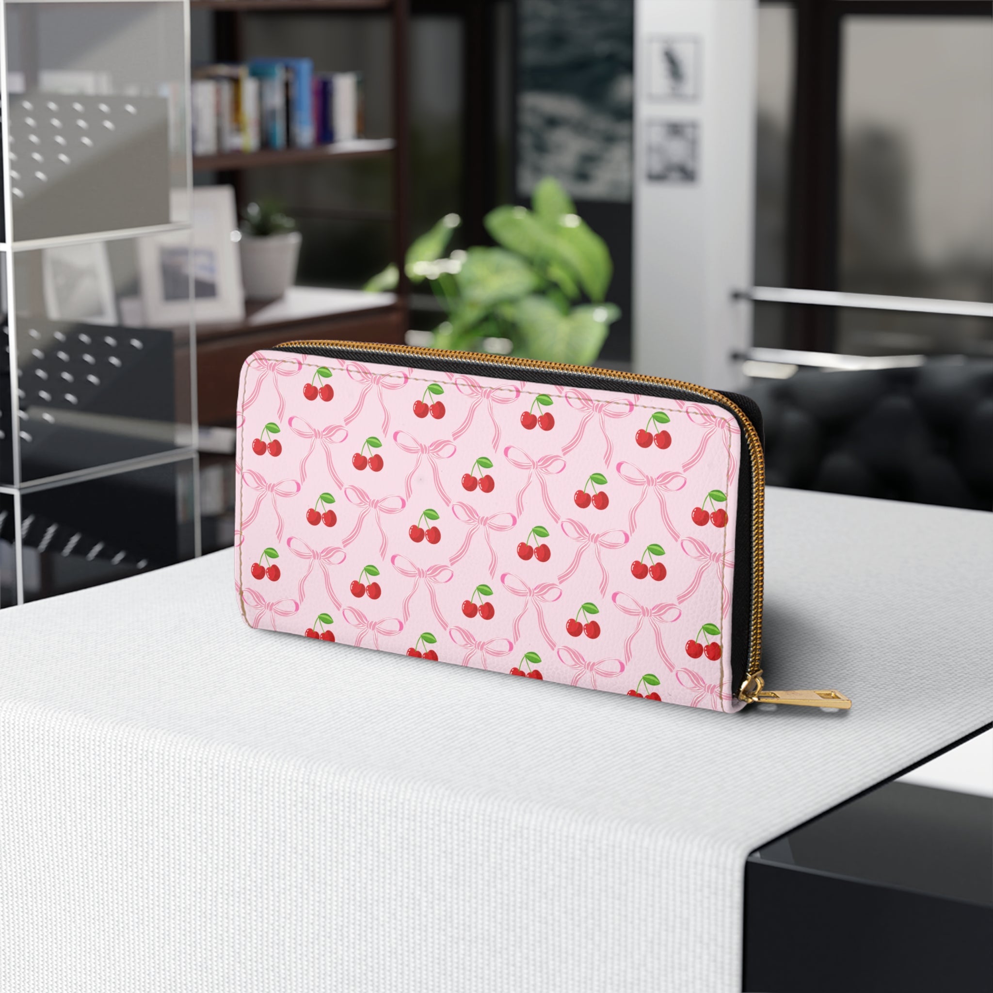Cherry Bow Ribbon Pattern Leather Zipper Long Wallet