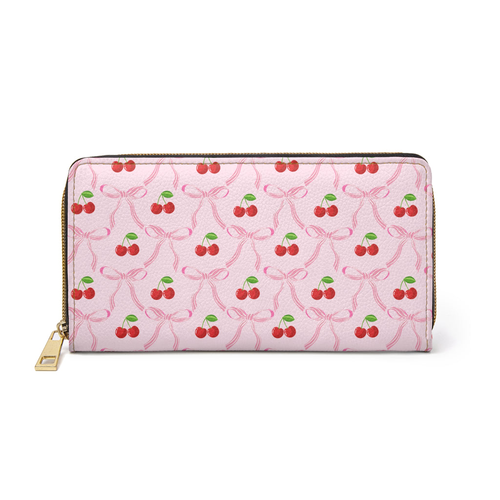 Cherry Bow Ribbon Pattern Leather Zipper Long Wallet