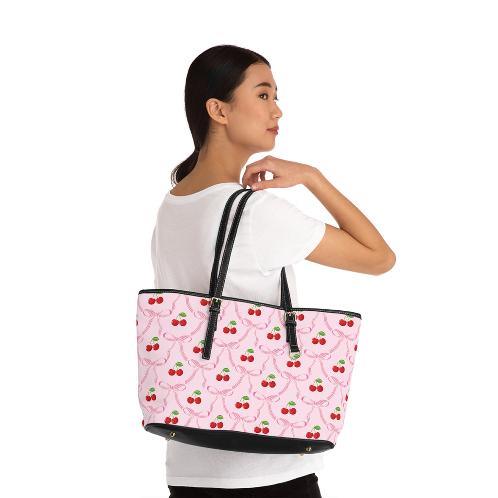Cherry Bow Ribbon Pattern Leather Shoulder Bag Tote