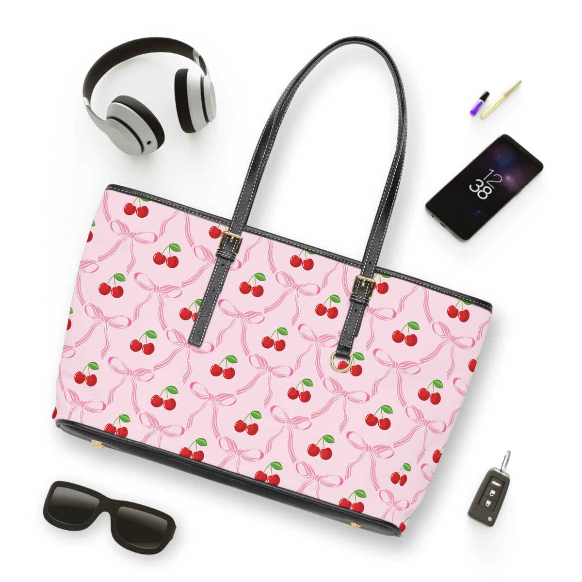 Cherry Bow Ribbon Pattern Leather Shoulder Bag Tote