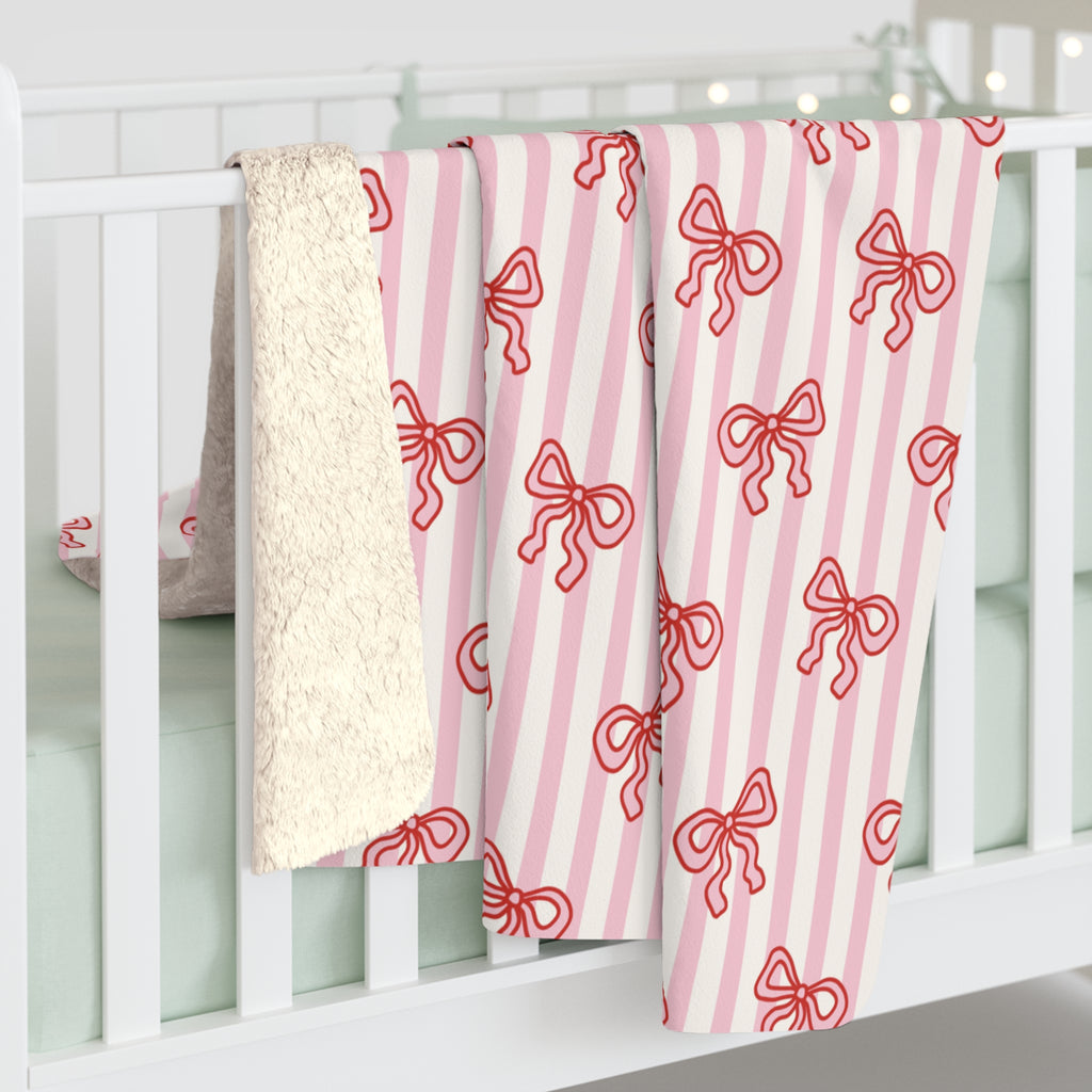 Pink Stripped Bow's Sherpa Fleece Blanket