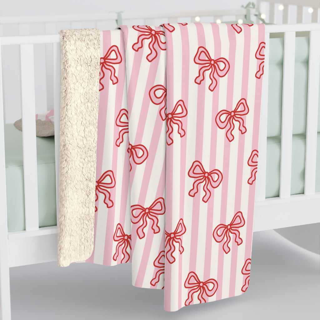 Pink Stripped Bow's Sherpa Fleece Blanket