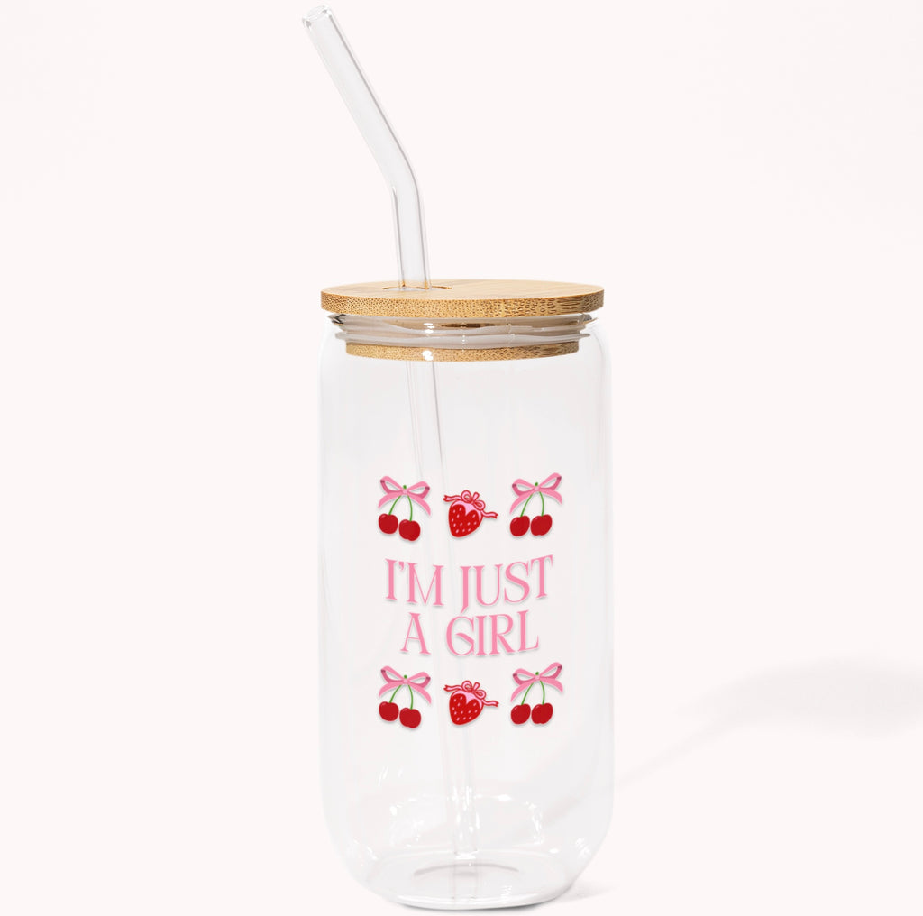 Cute Strawberry & Cherry Pattern Sipper Glass Jar with Straw 16oz