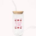 Cute Strawberry & Cherry Pattern Sipper Glass Jar with Straw 16oz