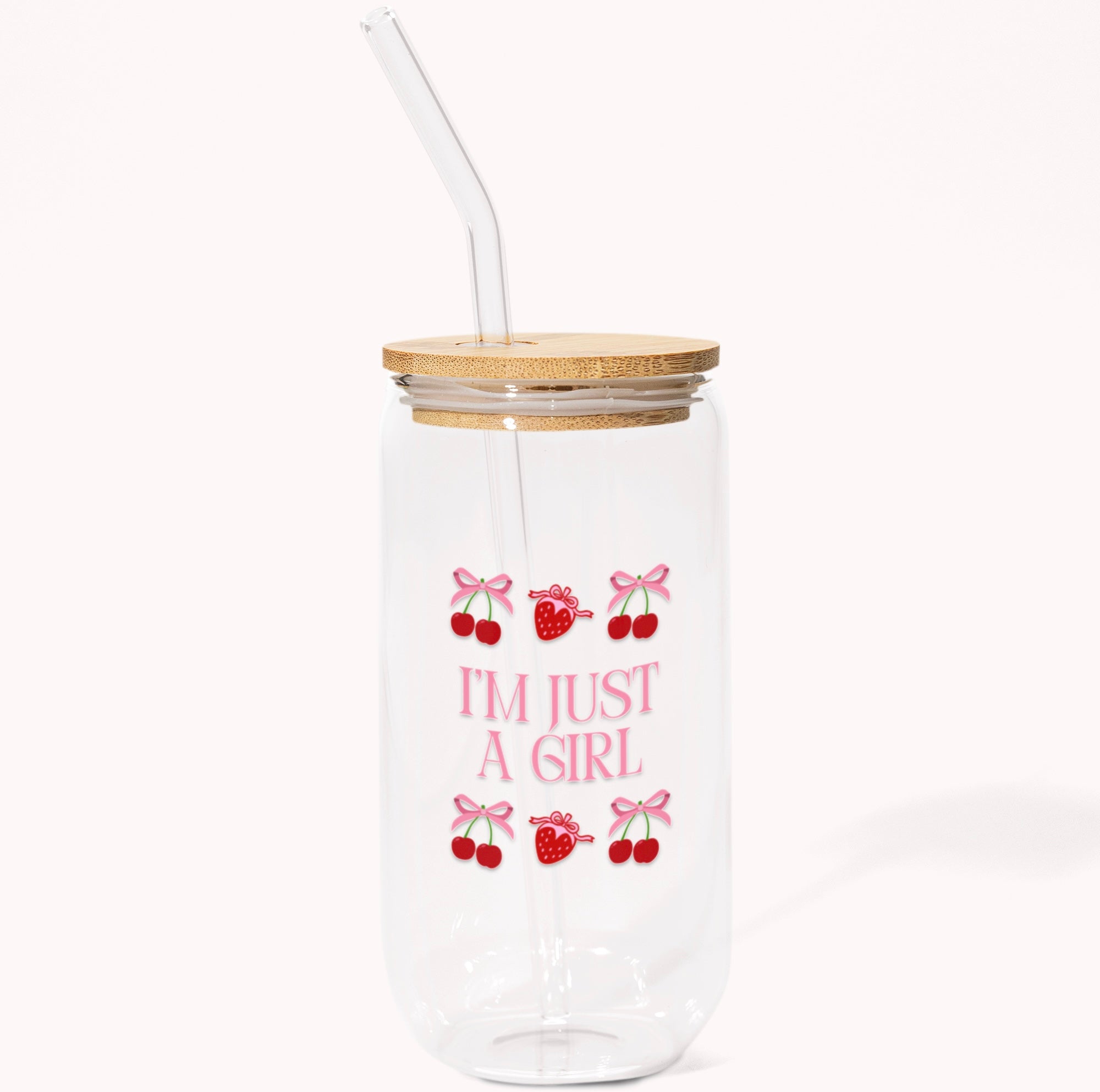 Cute Strawberry & Cherry Pattern Sipper Glass Jar with Straw 16oz