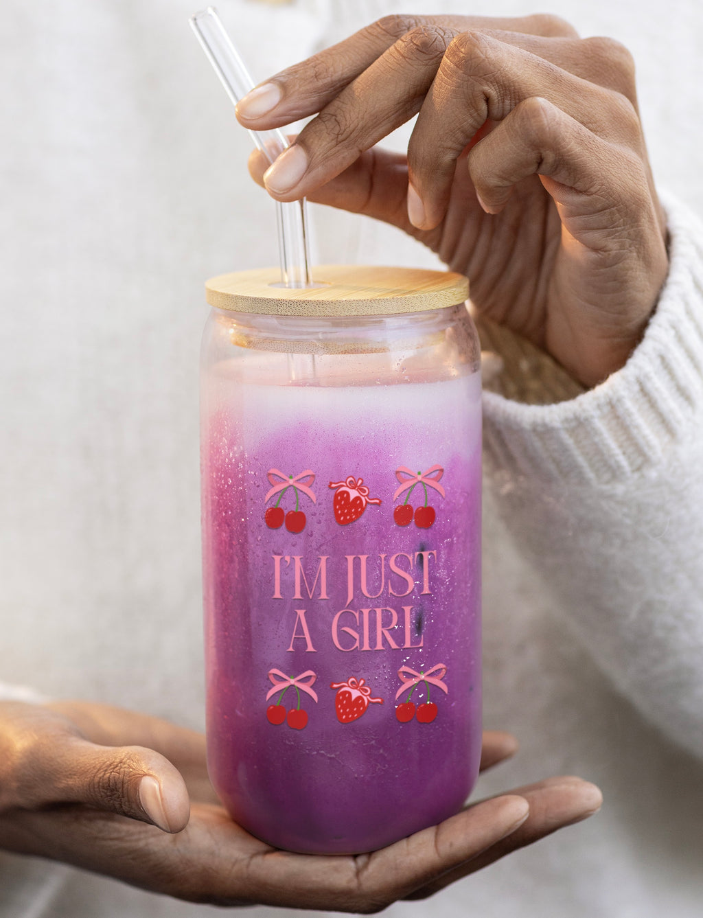 Cute Strawberry & Cherry Pattern Sipper Glass Jar with Straw 16oz