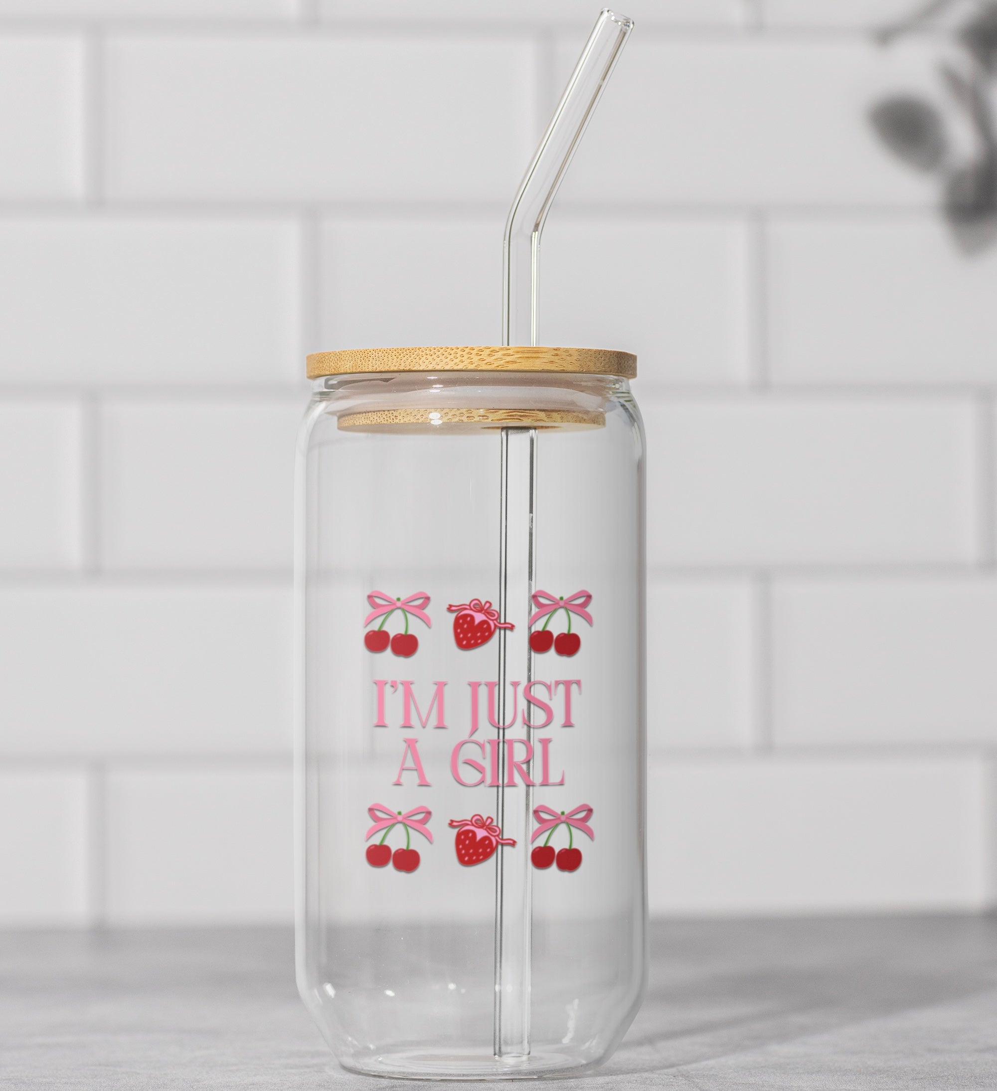 Cute Strawberry & Cherry Pattern Sipper Glass Jar with Straw 16oz