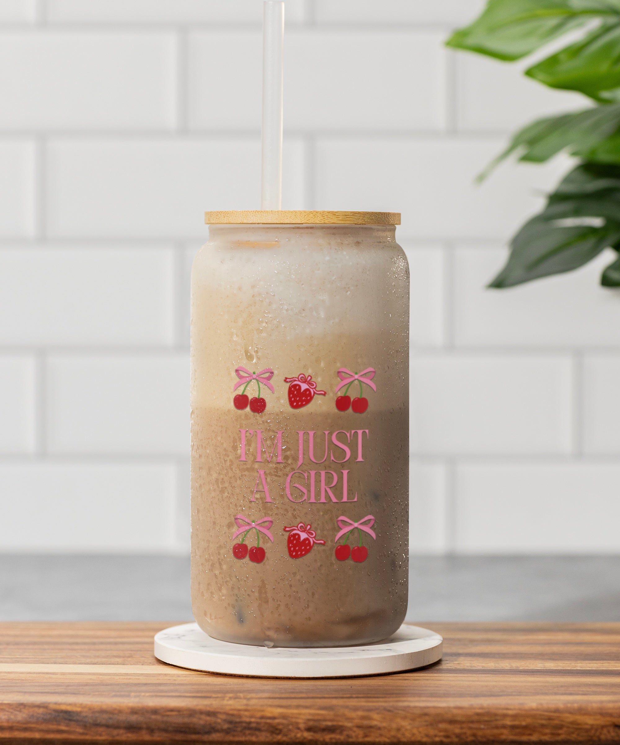 Cute Strawberry & Cherry Pattern Sipper Glass Jar with Straw 16oz