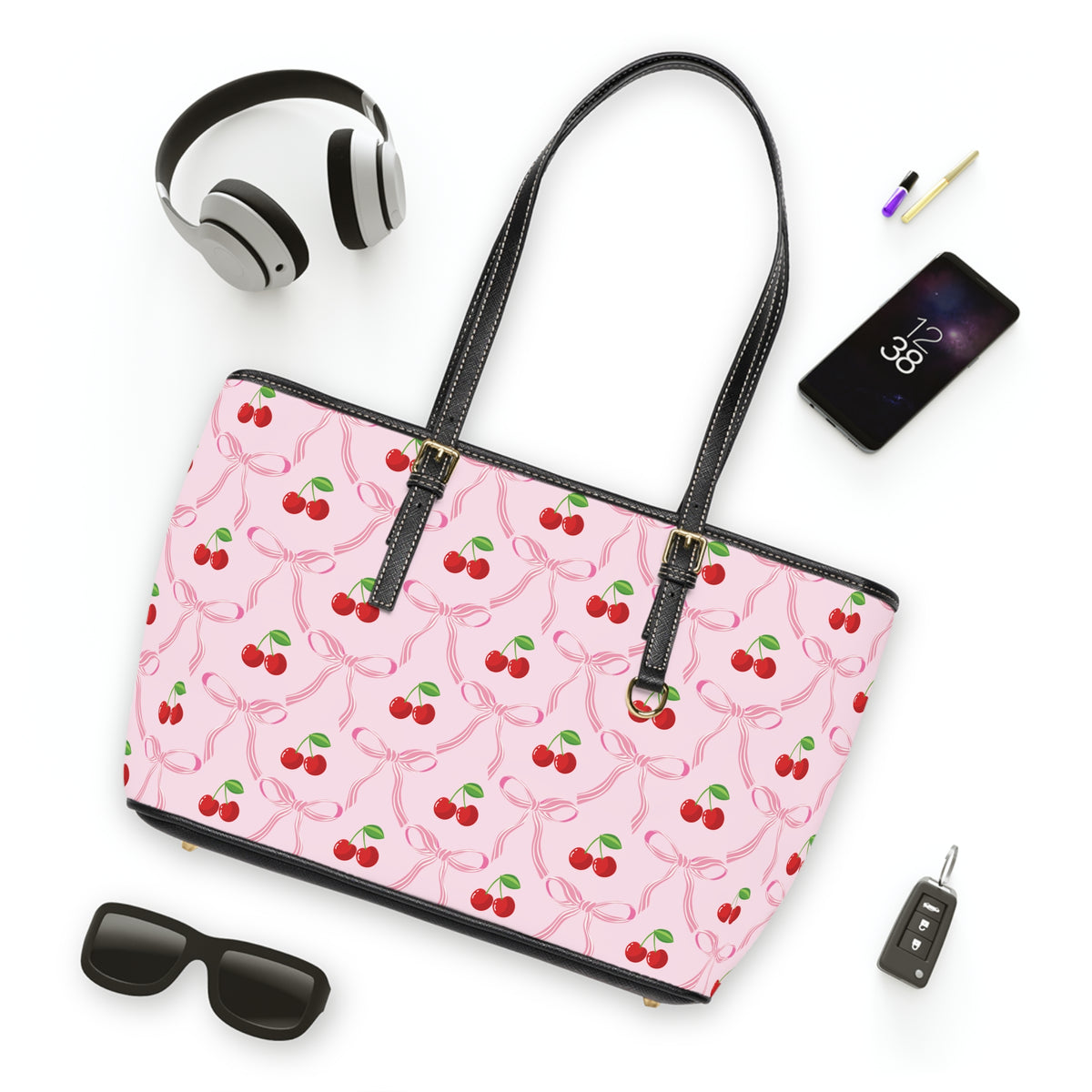 Cherry Bow Ribbon Pattern Leather Shoulder Bag Tote