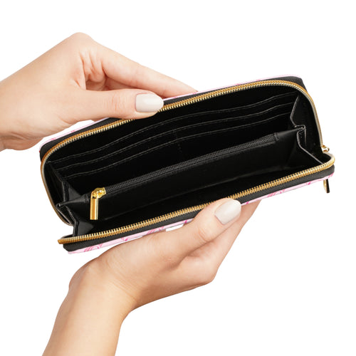 Cherry Bow Ribbon Pattern Leather Zipper Long Wallet