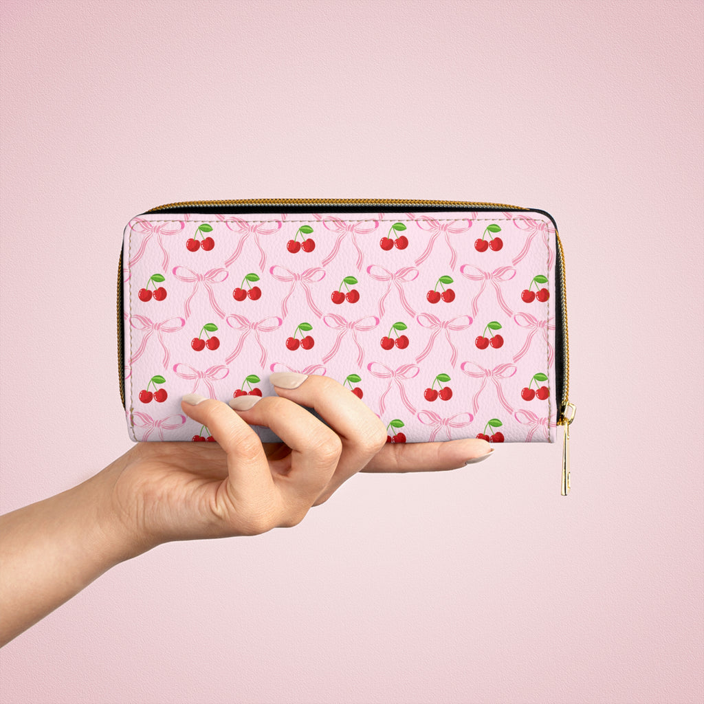 Cherry Bow Ribbon Pattern Leather Zipper Long Wallet