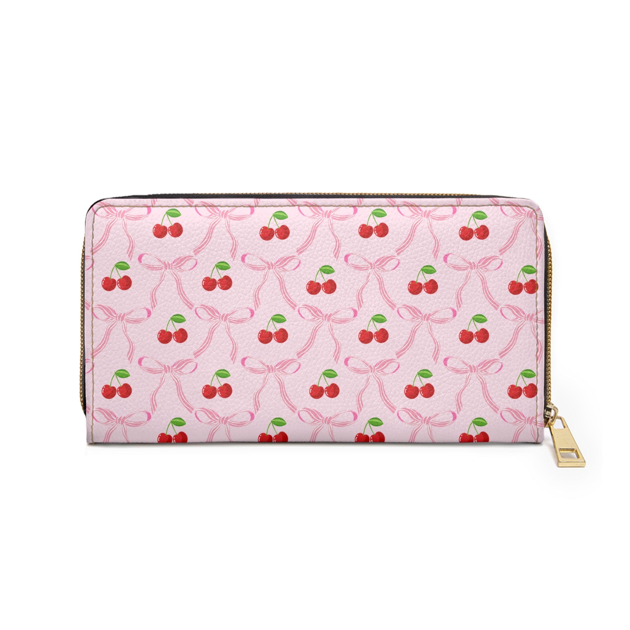 Cherry Bow Ribbon Pattern Leather Zipper Long Wallet